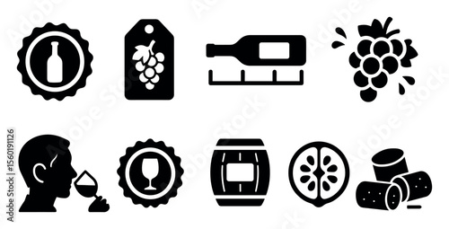 Wine tasting filled icon set. vineyard, grapes, glass, bottle icons collection