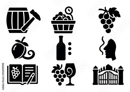 Winemaking silhouette icon set: barrels, grapes, and vineyards in artistic form