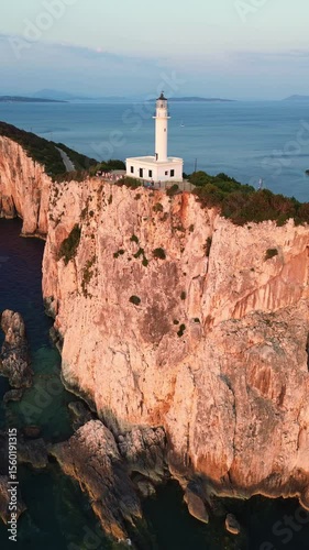 Aerial view of Lefkada lighthouse at sunset, Cape Doukato in Greece surrounded by sea