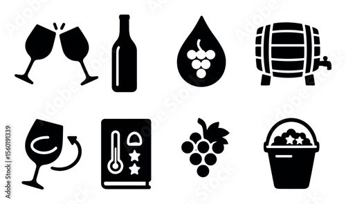 Wine tasting solid icon set. vine, barrel, glass, bottle, grape, bucket icons