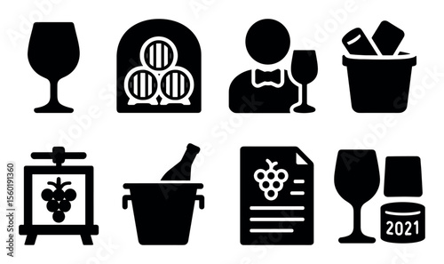 Wine tasting silhouette icon set. fine wine, vineyard, sommelier essentials