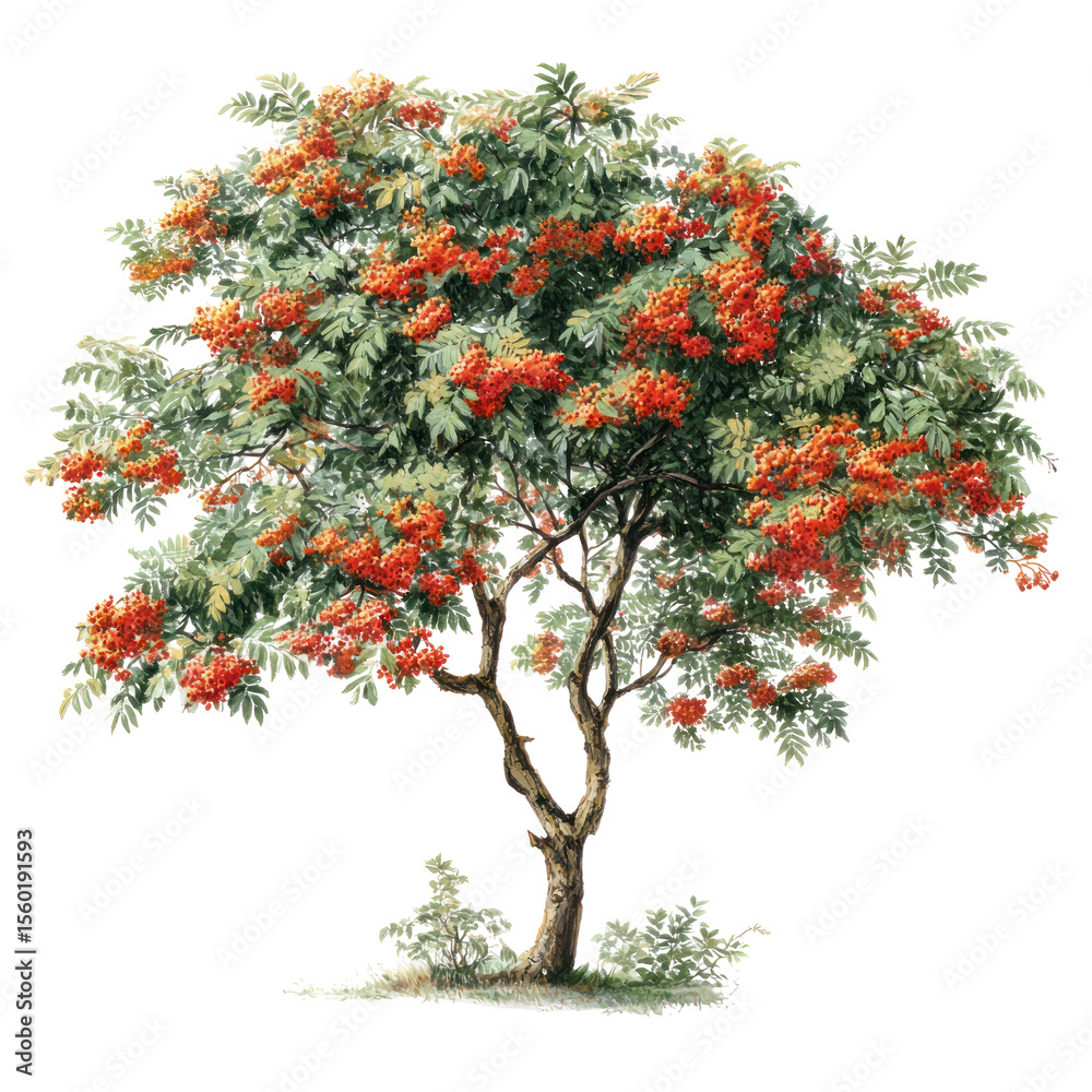 Fototapeta premium Mountain Ash Rowan Tree Sorbus aucuparia - Row of mature rowan trees with green foliage on transparent background