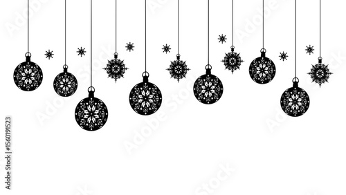 Black and white Christmas ornaments hanging with snowflakes design  