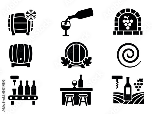 Wine and vineyard silhouette icon set. winery, grape harvest, barrel, bottle icons