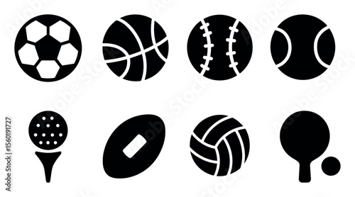 Sports silhouette icon set. soccer, basketball, baseball, tennis bold designs
