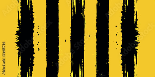 Grungy vertical stripe texture with distressed brush marks, faded edges and uneven tone, abstract black brush stroke on yellow background