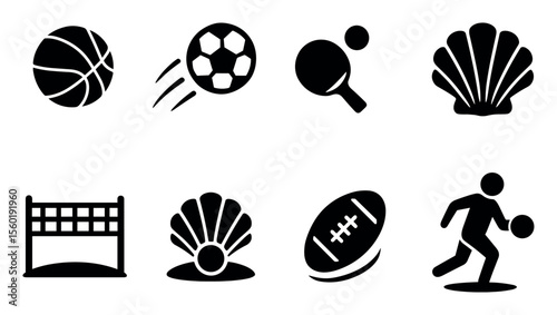 Sports, recreation silhouette icon set: basketball, soccer, ping pong, shell icons