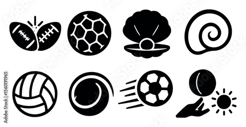 Sports and nature filled icon set. football, shell, volleyball filled icons collection