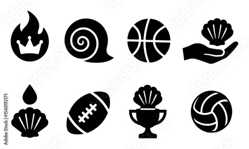 Sports and nature silhouette icon set. sea, ball, shell, crown icons collection