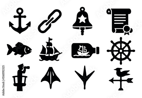 Nautical, marine silhouette icon set. anchors, ships, and navigation symbols