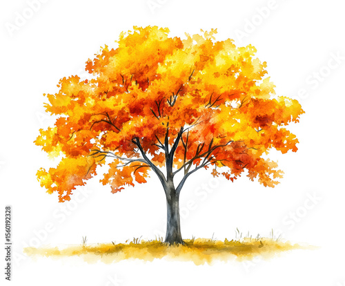 Watercolor autumn tree isolated on white background