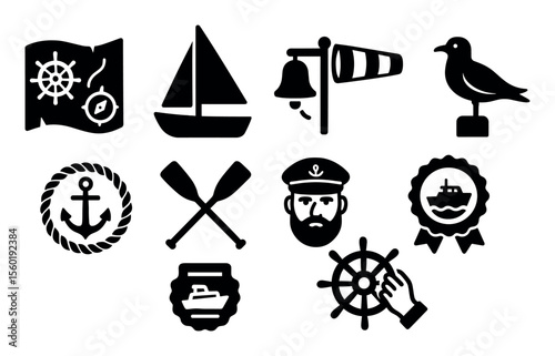 Nautical, marine solid icon set. sailing, sea voyage icons solid collection