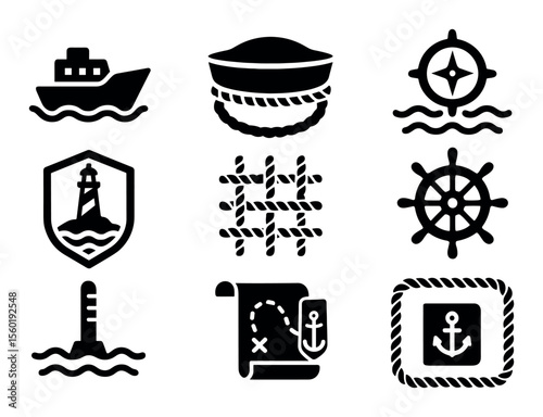 Nautical silhouette icon set. marine, ocean, sailing icons silhouette collection