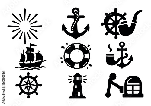 Nautical silhouette icon set. marine, sea, ocean, anchor, lighthouse silhouette collection