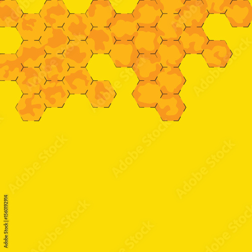 Yellow background with honeycombs, geometric shapes, bee life