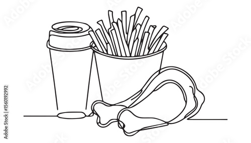 Continuous one single minimal line drawing chicken fry with french fry and soda