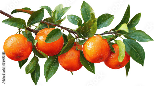  Orange - Juicy vividly-colored oranges attached to branch on transparent background