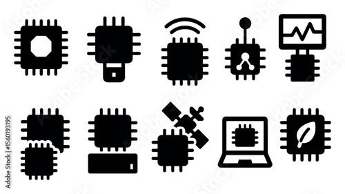 Technology, electronics solid icon set. computer, circuit, data, device, chip icons
