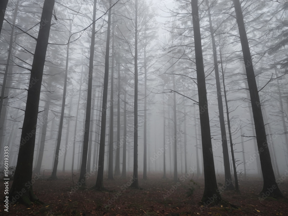 Naklejka premium Misty Forest Enigmatic Tall Trees in Dense Fog