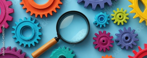 Colorful Gears and Magnifying Glass on Blue Background for Educational and Creative Purposes