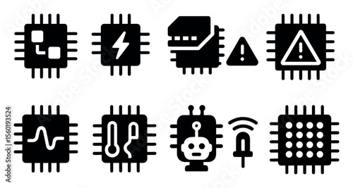 Technology and electronics solid icon set. circuit, chip, ai, alert solid style collection