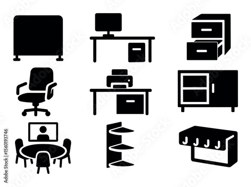 Office furniture silhouette icon set. chair, desk, shelf, cabinet silhouette collection