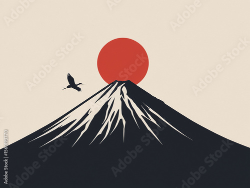 Japanese Mount Fuji Minimalist Art Print Sunrise, Crane, Mountain