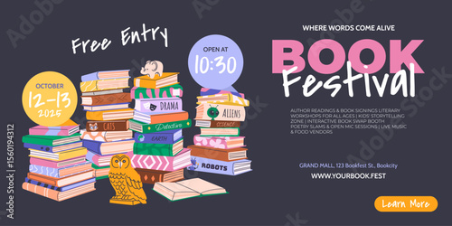 Book festival or fair horizontal banner for advertising and promotion. Piles of various books. Vector template for social media posts, web design, World Book Day or Back to School concepts.