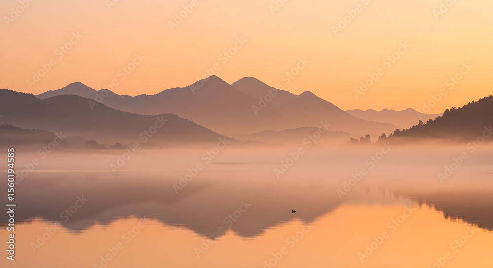 Fototapeta premium Misty mountains reflected in calm water during a beautiful sunrise, creating a serene scene.