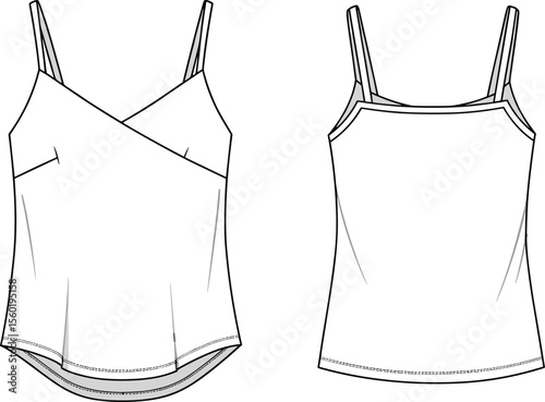 Flat vector illustration of women's camisole top with asymmetrical neckline, spaghetti straps, front and back view, technical fashion sketch design