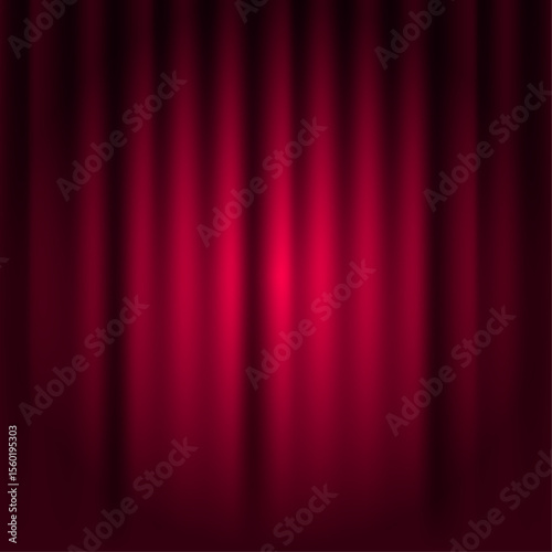 Spotlight on stage curtain. Closed red curtain background. Theatrical drapes. 