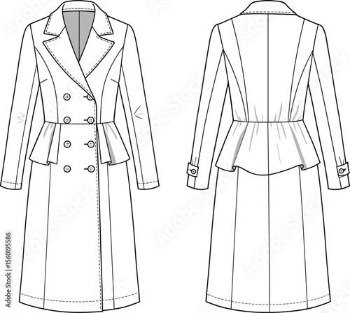 Flat vector illustration of women’s peplum trench coat with double-breasted buttons, collar, waist pleats, technical fashion sketch front back