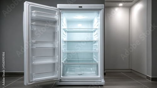Open empty refrigerator with clean white interior, minimal background 