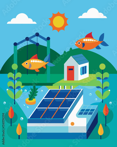 An aquaculture farm using solar energy to purify and reuse the water in its fish tanks to promote sustainability.. Vector illustration