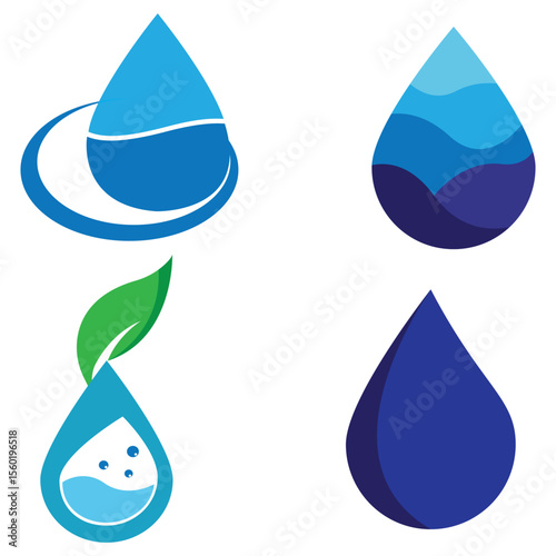 Vector blue water drop icon set, Flat droplet logo shapes collection.