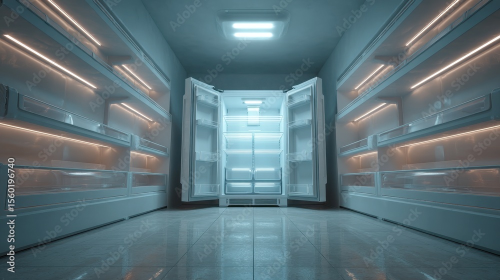 Fototapeta premium Perfectly empty refrigerator with cold tones and symmetry 
