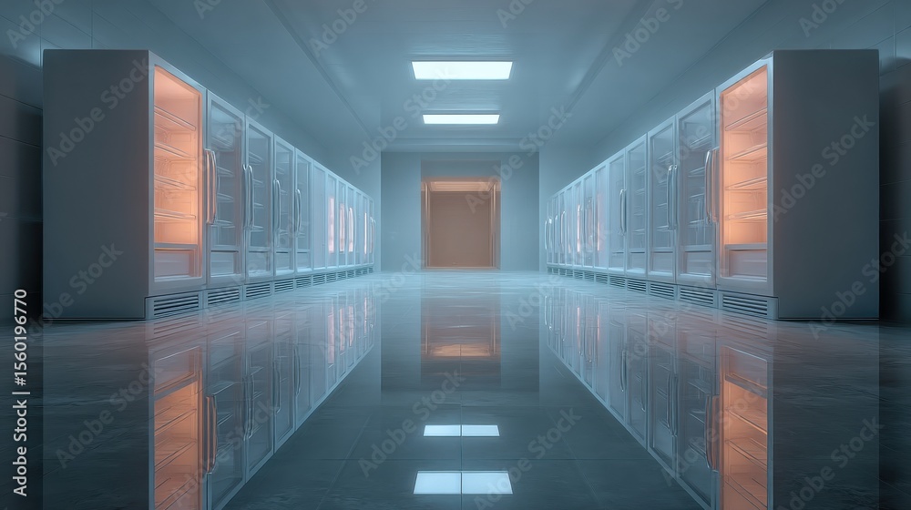 Fototapeta premium Perfectly empty refrigerator with cold tones and symmetry 
