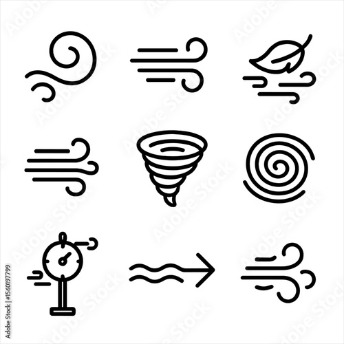 Wind Icons Collection. Outline style icons of Wind Conditions: wind swirl icon, blowing wind lines, leaf in wind, strong gust icon