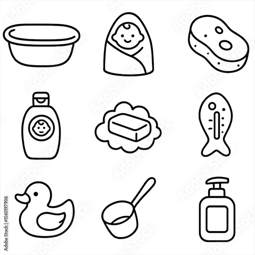 Baby Bath Essentials. Outline style icons of Baby Bath Time: baby tub, baby towel, soft sponge, baby shampoo, baby soap, bath
