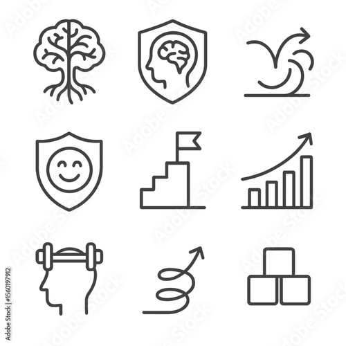 Resilience Icons. Outline style icons of Resilience Building: growing brain tree, armor around mind, bouncing back icon, shield of