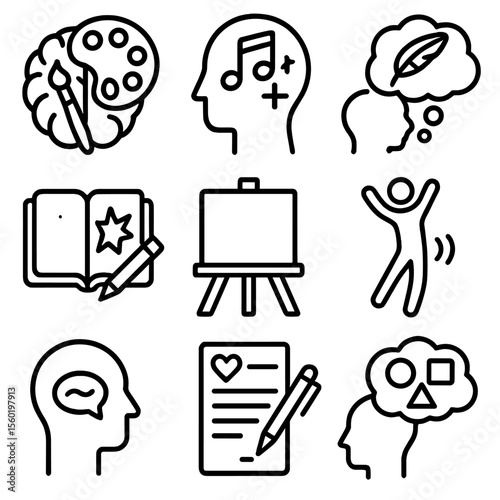 Self-Expression Icons. Outline style icons of Self-Expression and Creativity: painting brain, music for healing, poetry thought