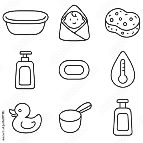 Baby Bath Essentials. Outline style icons of Baby Bath Time: baby tub, baby towel, soft sponge, baby shampoo, baby soap, bath