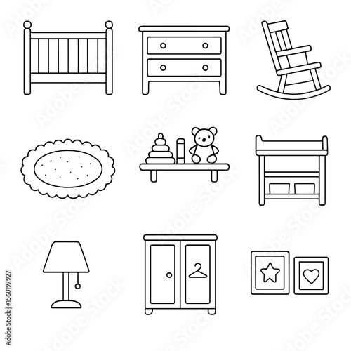 Nursery Room Icons. Outline style icons of Nursery Room Setup: crib, dresser, rocking chair, soft rug, baby shelf, diaper station,