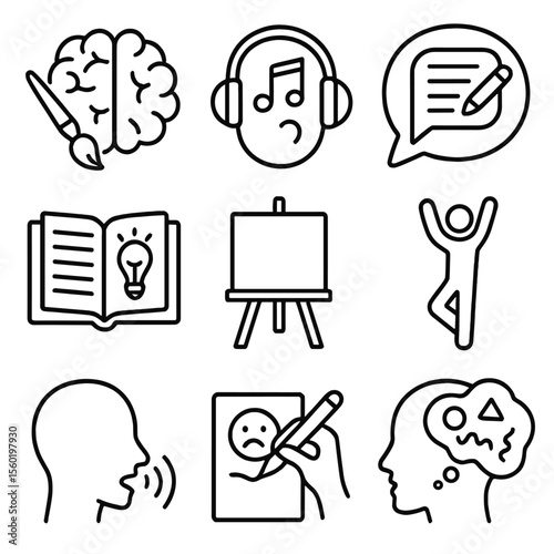 Self-Expression Icons. Outline style icons of Self-Expression and Creativity: painting brain, music for healing, poetry thought