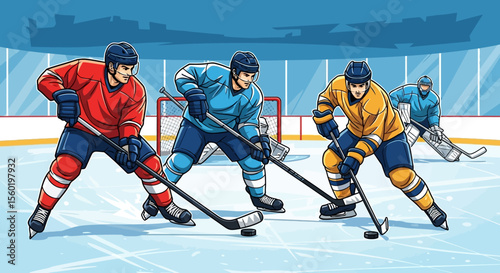 Intense Ice Hockey Match with Competing Players and Goalie