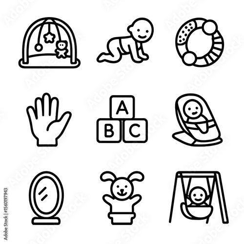 Baby Playtime Icons. Outline style icons of Baby Playtime: floor mat, crawling game, sensory toy, peekaboo hand, baby blocks,