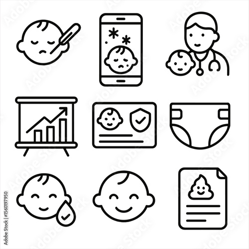 Infant Health Icons. Outline style icons of Infant Health Monitoring: fever check, symptom tracker, pediatric visit icon, wellness
