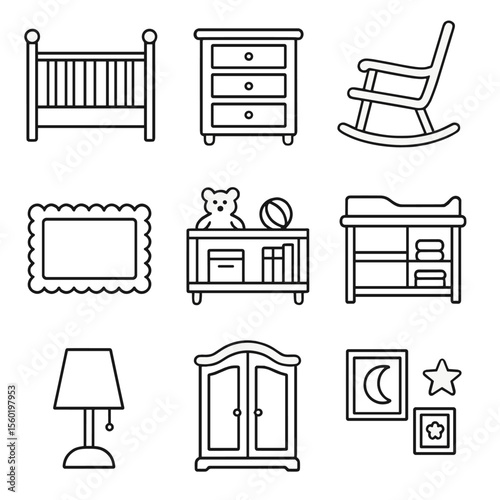 Nursery Room Icons. Outline style icons of Nursery Room Setup: crib, dresser, rocking chair, soft rug, baby shelf, diaper station,