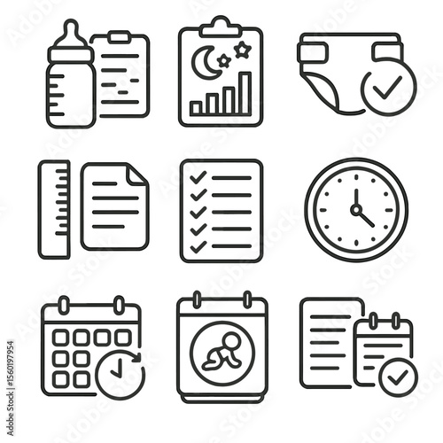 Routine Planning Icons. Outline style icons of Routine Planning: feeding schedule, sleep chart, diaper tracker, growth record,