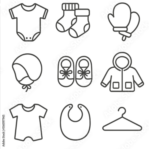 Baby Clothing Icons. Outline style icons of baby clothing: baby onesie, baby socks, mittens, bonnet hat, baby shoes, seasonal